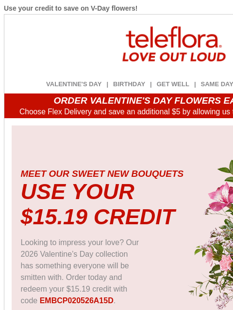 teleflora newsletter: RE: Your [$15.19] Credit Expires Soon
