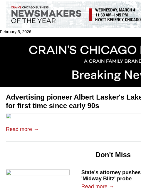 crainalerts newsletter: Albert Lasker's Lake Forest mansion sold