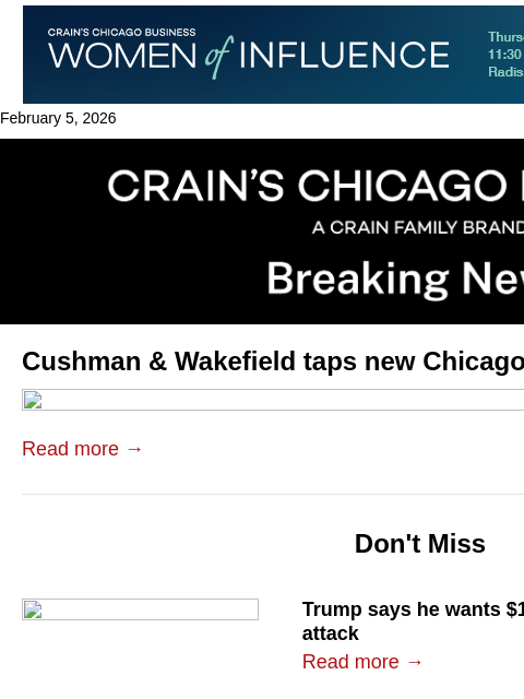 crainalerts newsletter: Cushman & Wakefield taps new regional leader