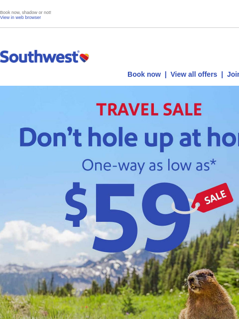 southwest newsletter: $59 sale! Groundhog's forecast—vacay!