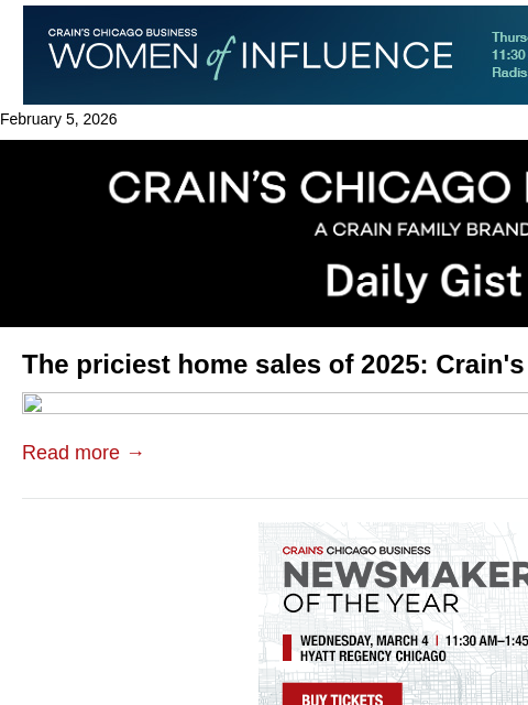 crainalerts newsletter: The priciest home sales of 2025: Crain's Daily Gis...