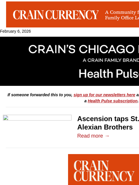 crainalerts newsletter: Ascension picks familiar face for Alexian Brothers...