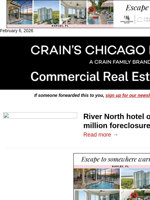 crainalerts newsletter: River North hotel owner faces foreclosure lawsuit