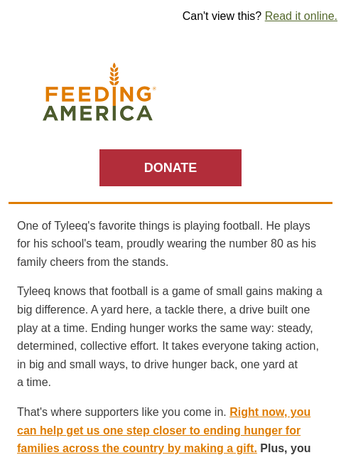 feedingamerica newsletter: 3X MATCH: Give now before the big game
