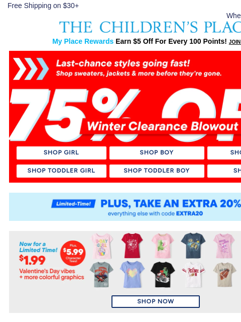 childrensplace newsletter: Shop $1.99 Clearance Tees While You Still Can...⏰