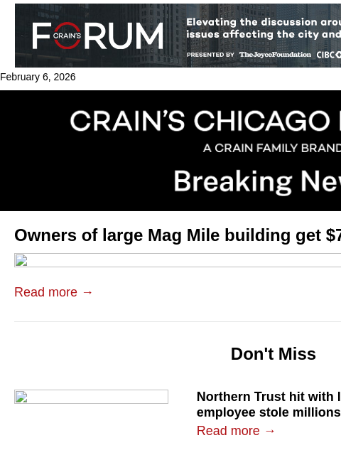crainalerts newsletter: Mag Mile building gets $75M refinancing