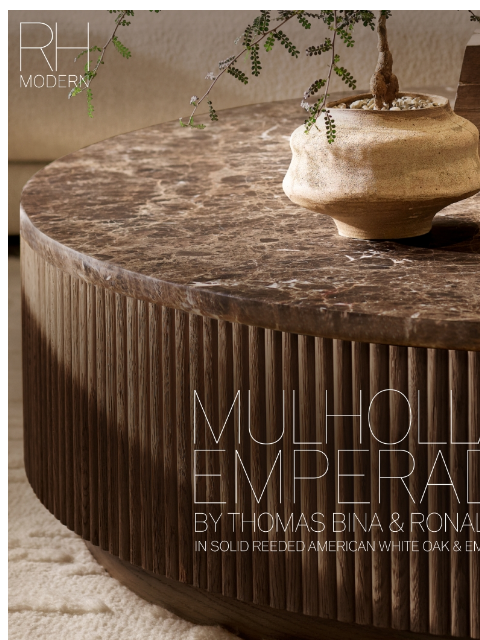 rh newsletter: Explore Mulholland. Handcrafted in Emperador Marbl...