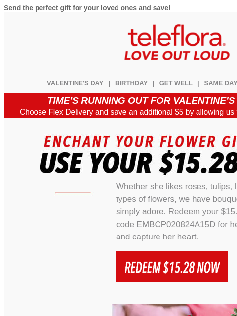 Send the perfect gift for your loved ones and save! View in browser teleflora VALENTINE'S DAY | BIRTHDAY | GET WELL | SAME DAY | DEAL OF THE DAY TIME'S RUNNING OUT FOR VALENTINE'S DAY