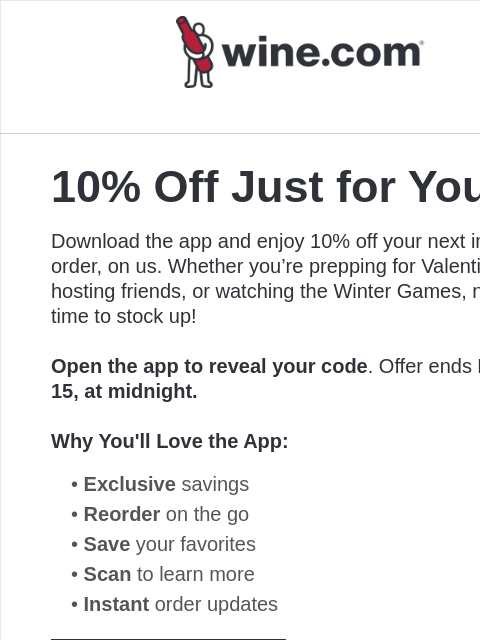 wine newsletter: Download the app and get 10% off!