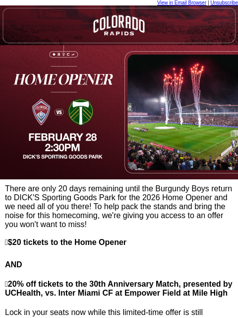 thecoloradorapids newsletter: 20 Days Out. 20% Off Rapids vs. Miami. $20 Tickets