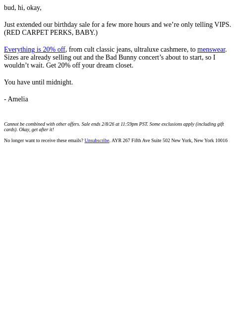 ayr newsletter: OVERTIME | 20% off ends tonight