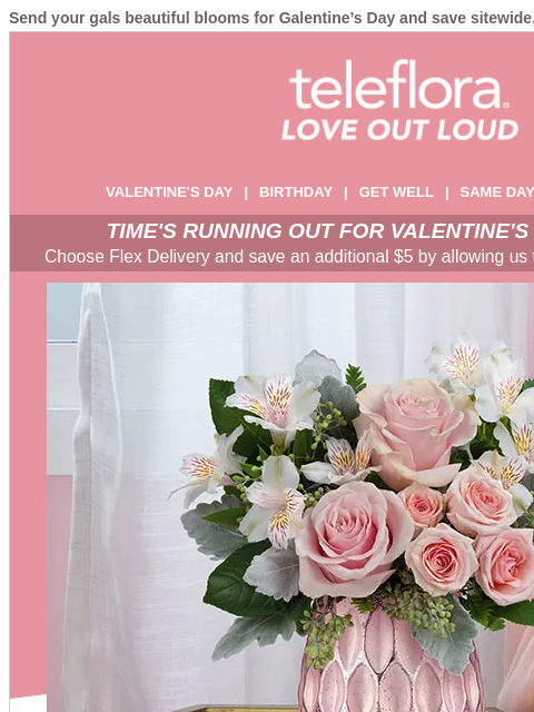 Send your gals beautiful blooms for Galentine's Day and save sitewide. View in browser ‌ teleflora VALENTINE'S DAY | BIRTHDAY | GET WELL | SAME DAY | DEAL OF THE DAY TIME'S RUNNING OUT FOR