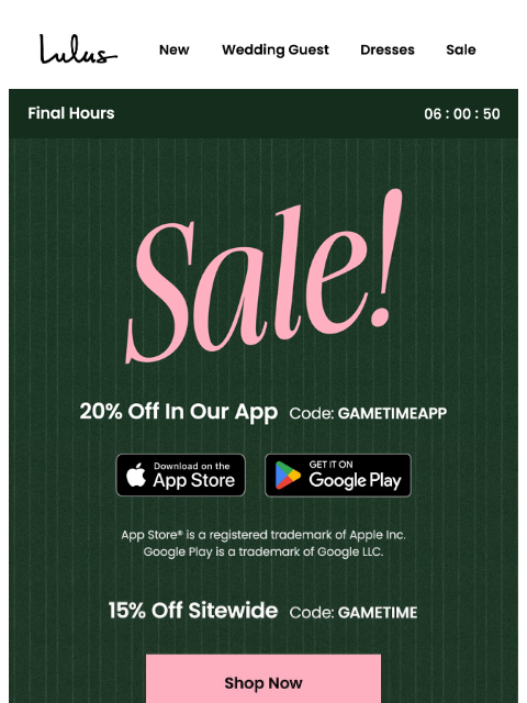 lulus newsletter: FINAL HOURS!  20% Off In The App  🏈