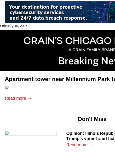 crainalerts newsletter: Apartment tower near Millennium Park trades for $1...