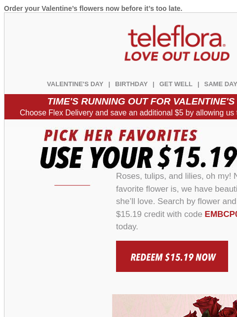 teleflora newsletter: Re: Your [$15.19] Credit