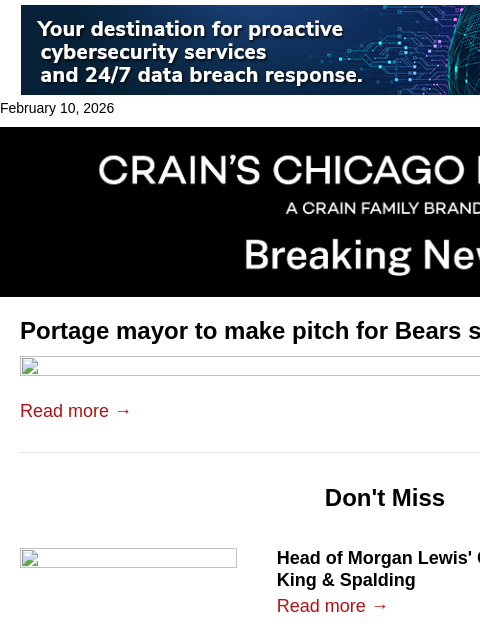crainalerts newsletter: Portage to pitch Bears on stadium site