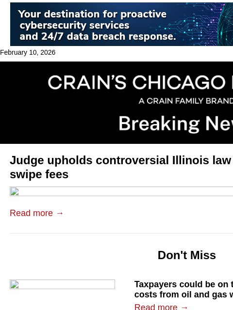 crainalerts newsletter: Judge upholds Illinois law on swipe fees