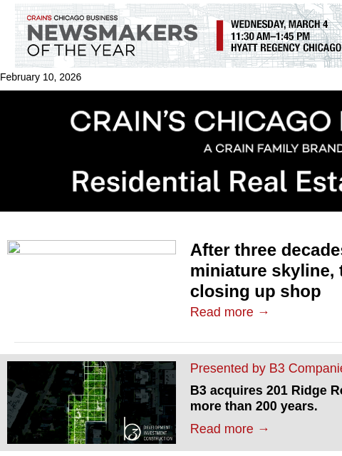 crainalerts newsletter: Model-maker behind Chicago's miniature skyline clo...