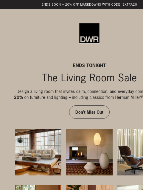 dwr newsletter: Ends tonight: Save 20% on furniture and lighting