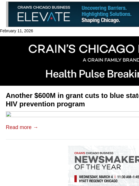 crainalerts newsletter: Lurie HIV program among $600M in grant cuts