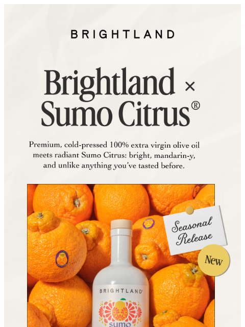 brightland newsletter: NEW! Sumo Citrus Flavored Olive Oil 🧡