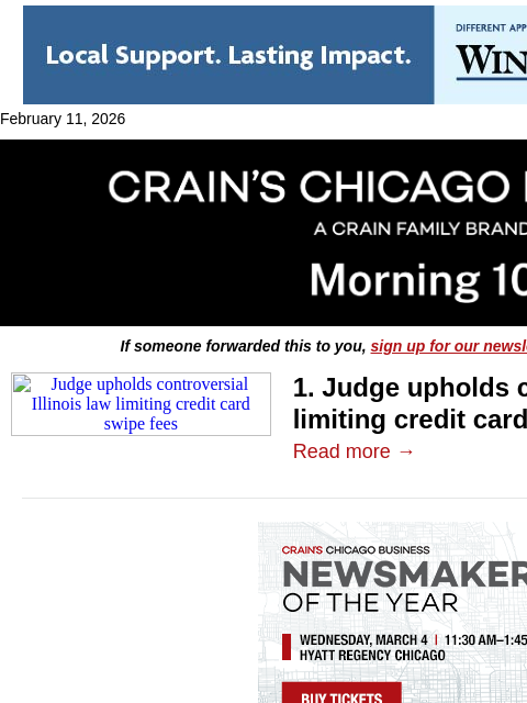 crainalerts newsletter: ​Illinois swipe fee law survives big test