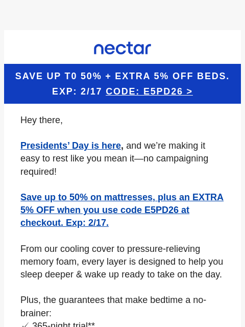 nectarsleep newsletter: Never sleep hot again: Presidents' Day starts earl...
