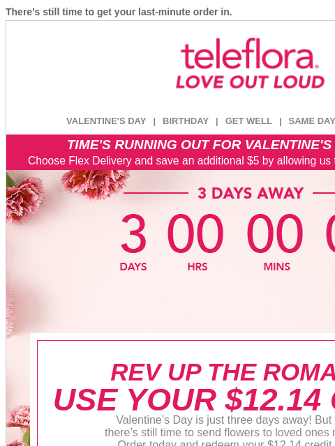 teleflora newsletter: Countdown to V-Day 💘 Use Your [$12.14] Credit Now