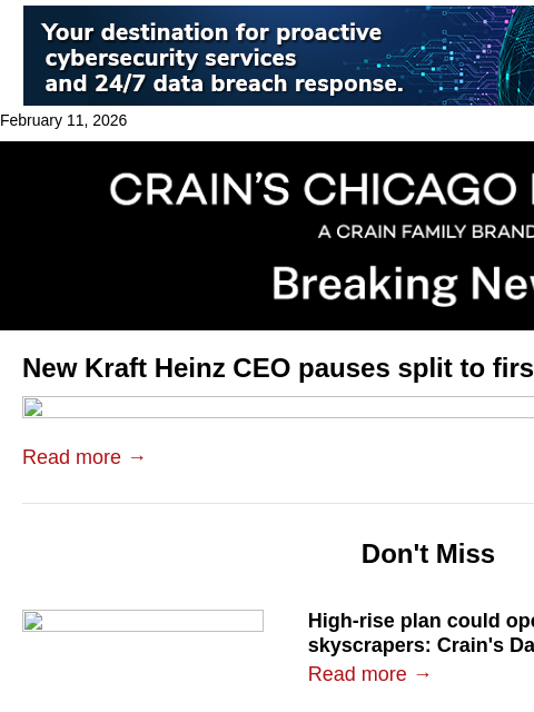 crainalerts newsletter: Kraft Heinz pauses split