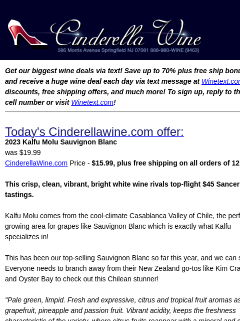 winelibrary newsletter: 2023 Kalfu Molu Sauvignon Blanc. Free Ship on 12