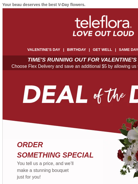 Your beau deserves the best V-Day flowers. View in browser ‌ teleflora VALENTINE'S DAY | BIRTHDAY | GET WELL | SAME DAY | DEAL OF THE DAY TIME'S RUNNING OUT FOR VALENTINE'S DAY DELIVERY