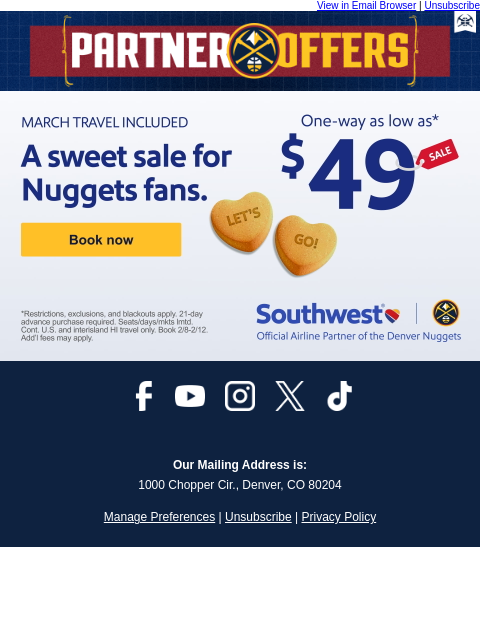 thedenvernuggets newsletter: $49 Southwest sale bouncing your way, Nuggets fans...