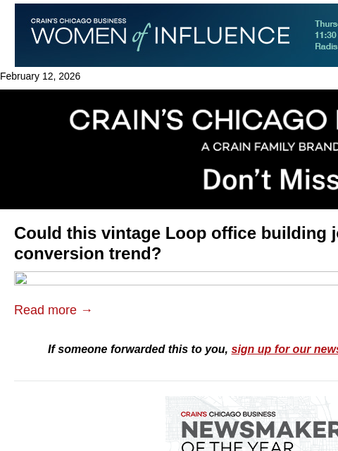 crainalerts newsletter: Vintage office tower pitched as conversion play