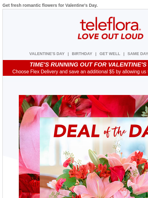 teleflora newsletter: Time is Running Out ⌛ Shop V-Day Flowers Today