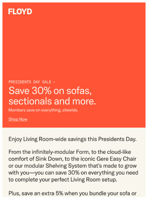 floydhome newsletter: Save 30% on Sofas & Sectionals
