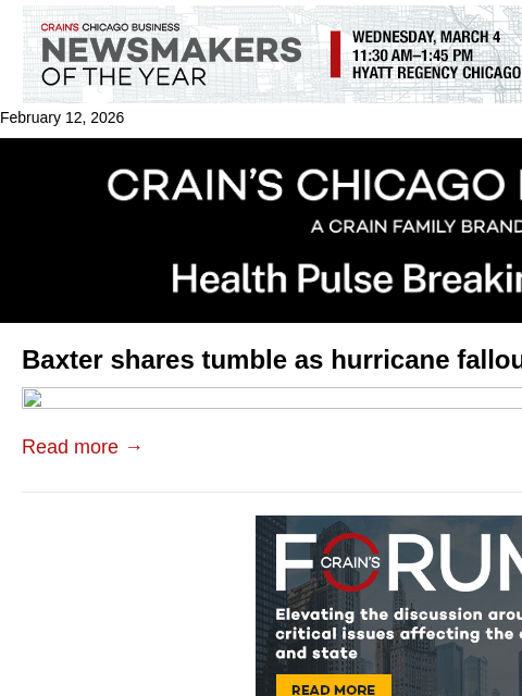 crainalerts newsletter: Baxter shares tumble as hurricane fallout tests ne...
