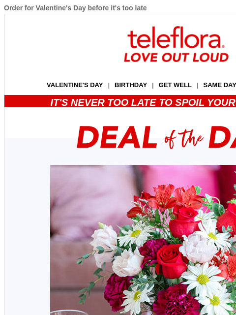 Order for Valentine's Day before it's too late View in browser ‌ teleflora VALENTINE'S DAY | BIRTHDAY | GET WELL | SAME DAY | DEAL OF THE DAY IT'S NEVER TOO LATE TO SPOIL YOUR VALENTINE