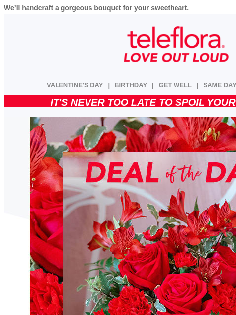 We'll handcraft a gorgeous bouquet for your sweetheart. View in browser ‌ teleflora VALENTINE'S DAY | BIRTHDAY | GET WELL | SAME DAY | DEAL OF THE DAY IT'S NEVER TOO LATE TO SPOIL YOUR