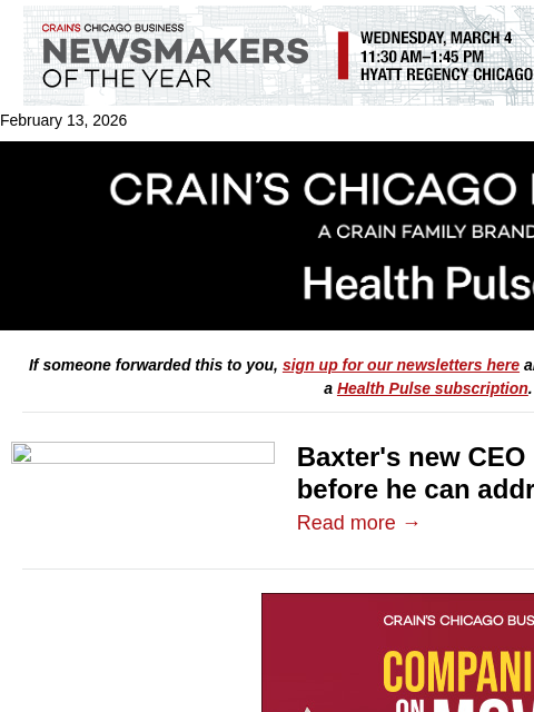 crainalerts newsletter: Baxter CEO fighting fires