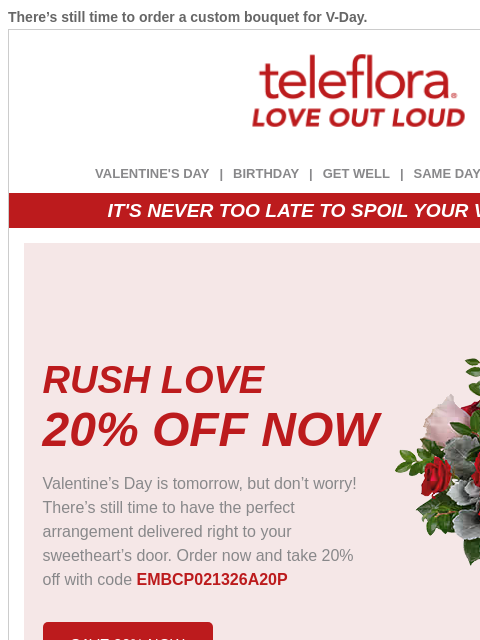 teleflora newsletter: V-Day is Tomorrow 💝 Send a Gift & Save 20%