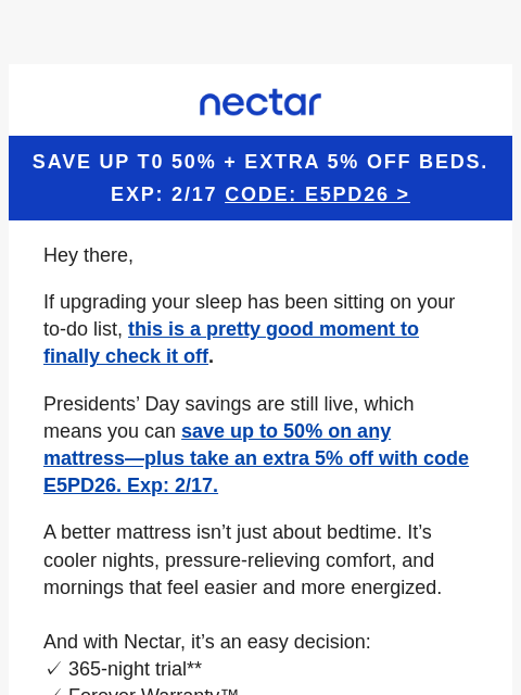 nectarsleep newsletter: Presidents’ Day beds = up to 50% saved + EXTRA 5% ...
