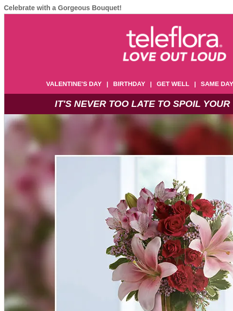 Celebrate with a Gorgeous Bouquet! View in browser ‌ teleflora VALENTINE'S DAY | BIRTHDAY | GET WELL | SAME DAY | DEAL OF THE DAY IT'S NEVER TOO LATE TO SPOIL YOUR VALENTINE ♥ IT'S NEVER