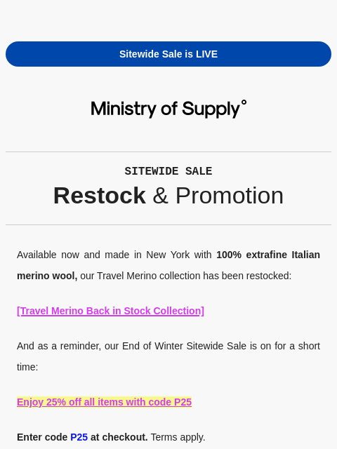 ministryofsupply newsletter: BACK IN STOCK (and Sitewide Sale)