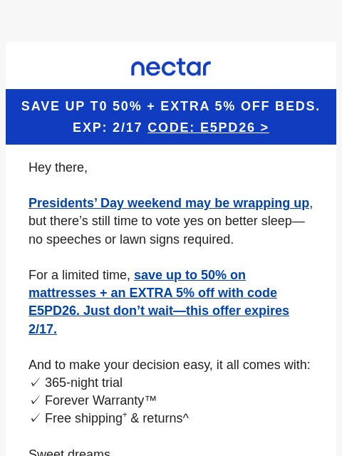 nectarsleep newsletter: Save up to 50% + extra 5% OFF. Vote yes to better ...