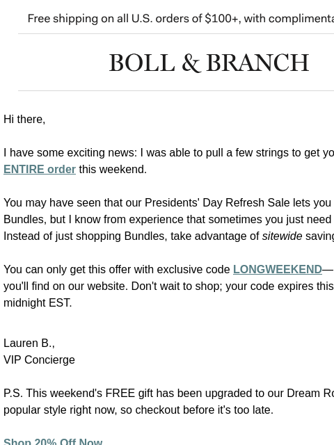 bollandbranch newsletter: I got you access to 20% off sitewide