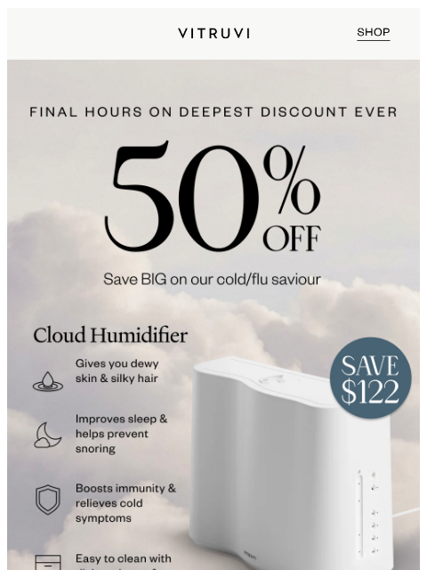 vitruvi newsletter: FINAL HOURS For 50% OFF Cloud Humidifier 🤯