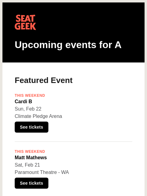 seatgeek newsletter: Cardi B/Matt Mathews/Canucks at Kraken