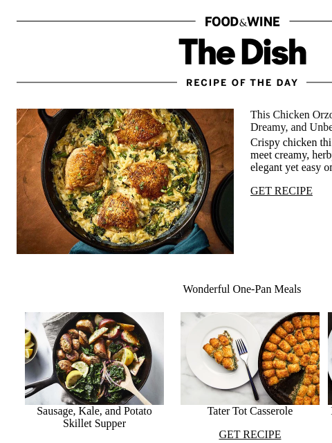 foodandwine newsletter: One-Pan Creamy Chicken Orzo