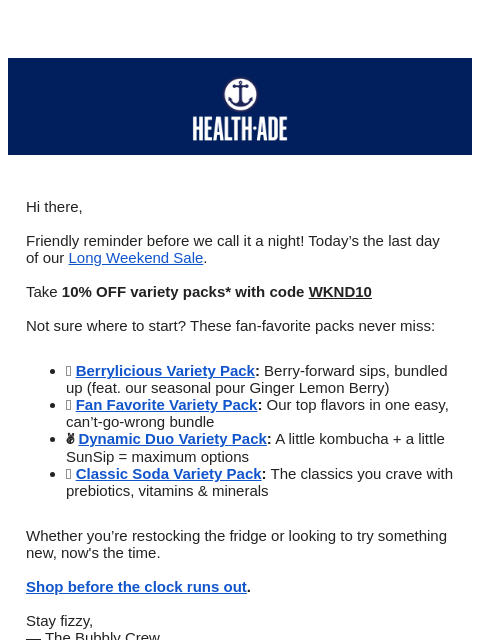 health-ade newsletter: Ends Tonight: 10% OFF Variety Packs!