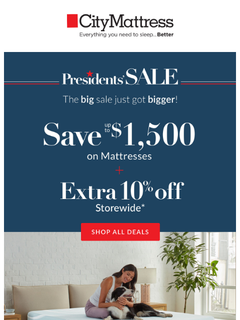 citymattress newsletter: Presidents' Sale: Extra 10% Off Storewide!